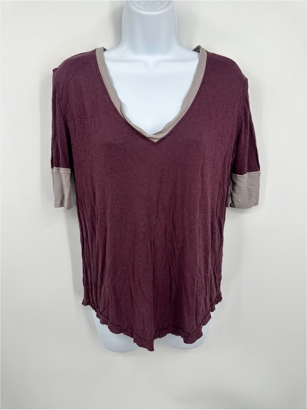 Free People Plum Ringer Shirt Size Small Boho V Neck